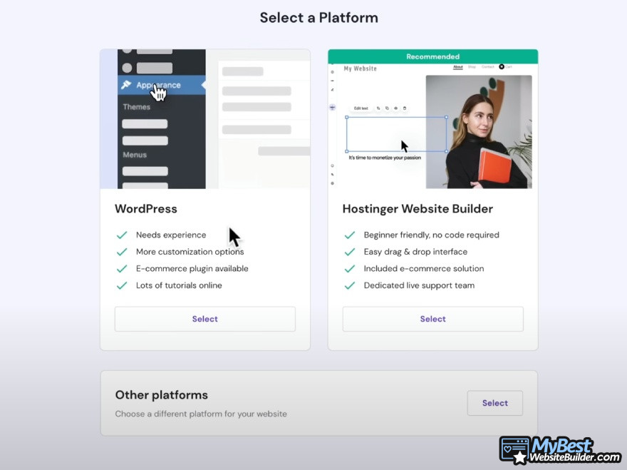 Hostinger website builder: select a platform.